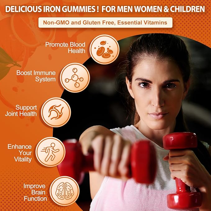 Iron Gummies Vitamin Supplement 65mg &amp Vitamin C 250mg per Serving with B6 B12 Folate- Energy Support for Iron Deficiency Anemia Vegan Orange &amp Lemon Flavor 120 Count