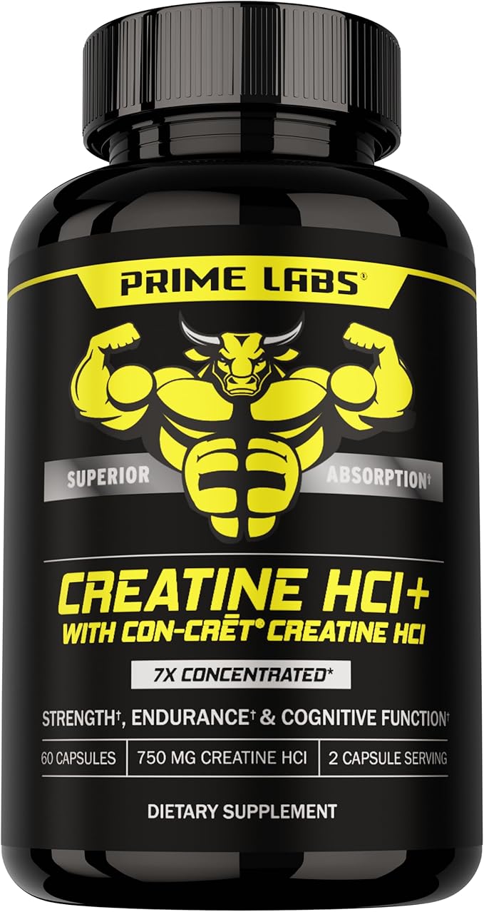 Prime Labs Creatine HCl Capsules - with CON-CRĒT® Rhodiola Root Extract &amp L-Theanine - Muscle Support Endurance Cognitive Function - for Men &amp Women - 60 Pills