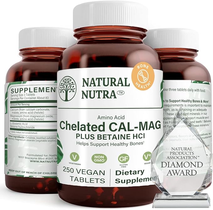 Natural Nutra Chelated Calcium Magnesium 1000/500 mg Supplements Plus Betaine HCL - Chelated Cal Mag Improves Bone Density Supports Muscle Teeth Cardiovascular &amp Nerve Health 250 Vegan Tablets