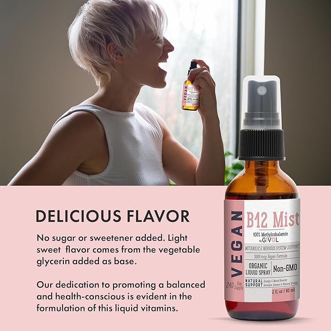 Organic Vegan Vitamin B12 Supplement Liquid Mist for Quick Absorption 5000mcg Methylcobalamin and ZINC Boost Mist 40mg (Extra Strength) - Sugar Free with VIT C and Elderberry Extract - Non-GMO