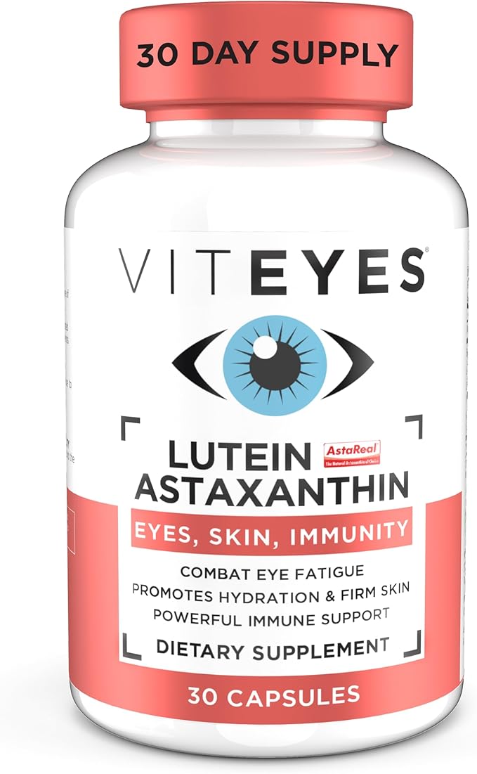 Viteyes Lutein &amp Astaxanthin – Relieve Eye Fatigue Hydrate &amp Firm Skin Blue Light Protection Immune Support 20 mg Lutein 4 mg Astaxanthin Eye Vitamins Doctor Trusted Brand 30 Capsules