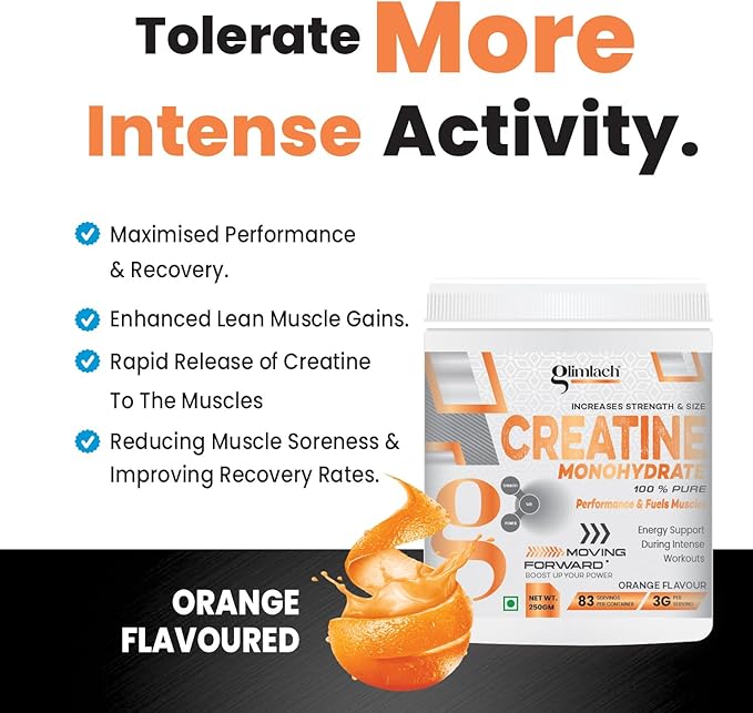 GLIMLACH Creatine Monohydrate | 83 Servings Per Container | Premium Micronized Creatine for Enhanced Strength Performance &amp Muscle Recovery (250 Gram Orange)