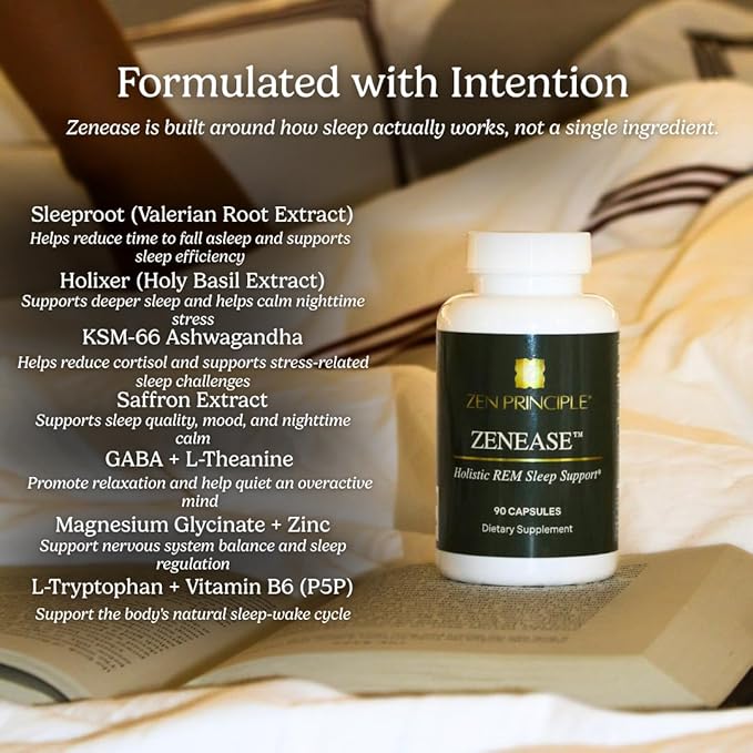 Zen Principle Zenease Sleep Support with Magnesium Glycinate Ashwagandha KSM-66® Saffron L-Theanine &amp GABA – No Melatonin Natural Stress Relief &amp Sleep Aid. 180 Capsules