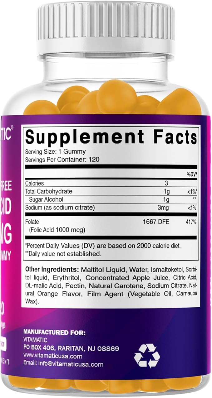 Vitamatic Folic Acid Gummies 1000 mcg (1 mg) - an Essential Prenatal Vitamins for Mom &amp Baby - Vitamin B9-120 Vegan Gummies (2)