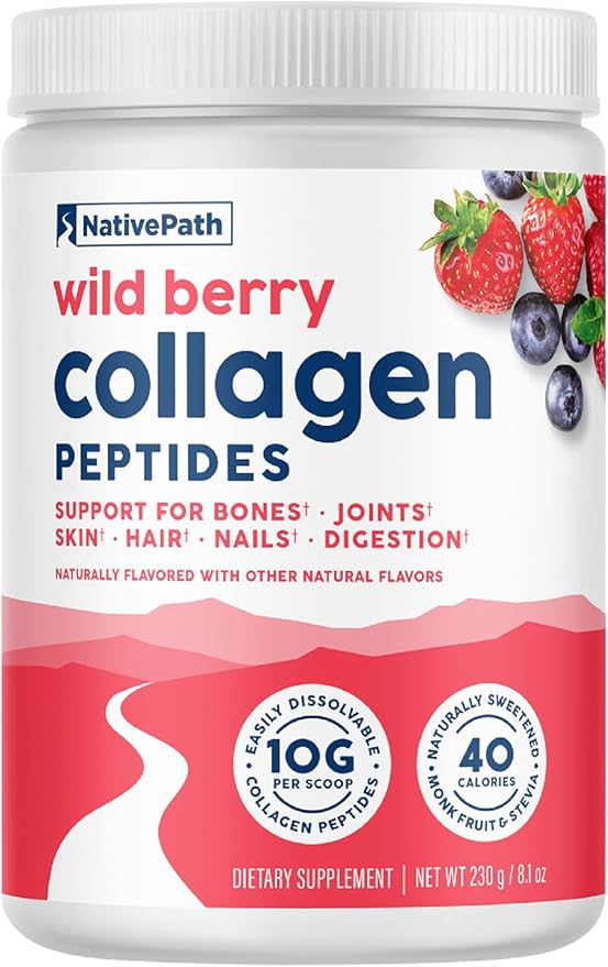 NativePath Wild Berry Collagen Peptides Powder - 10g Grass-Fed Type 1 &amp 3 23 Servings - for Hair Skin Nails &amp Joints - Keto &amp Paleo No Gluten No Dairy (8.1 oz)