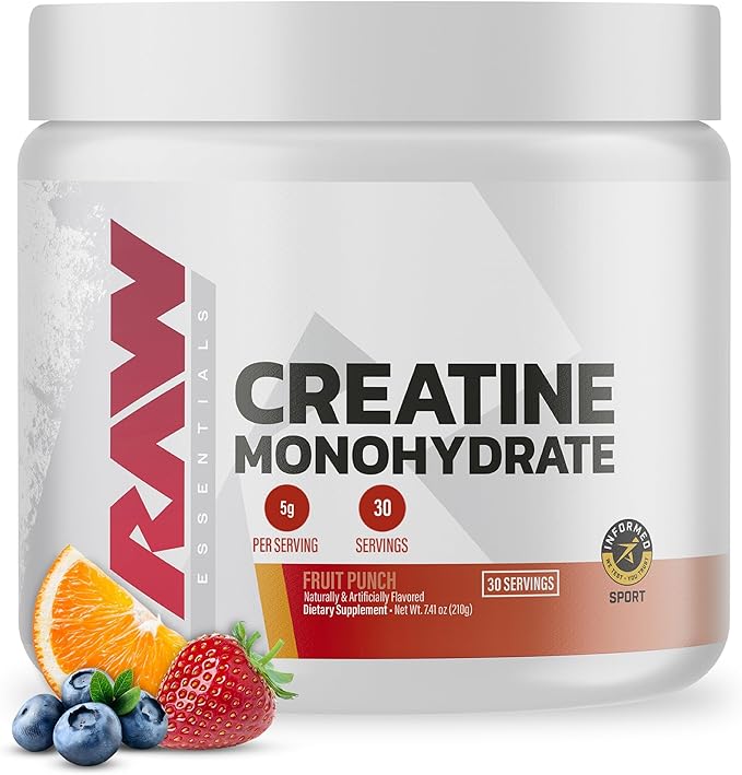 RAW Nutrition Creatine Monohydrate Powder Fruit Punch (30 Servings) - Micronized Creatine Monohydrate Supplement for Workout Performance Build Muscle &amp Strength - Creatine Powder for Men &amp W