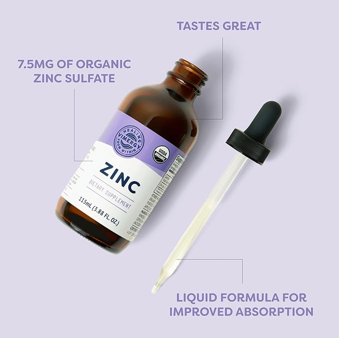 VIMERGY USDA Organic Zinc Supplements for Women &amp Men (7.5mg Liquid Zinc Per Serving) Fast-Absorbing Immune Support Promotes Healthy Bones &amp Skin Vegan Up to 57 Servings (115 mL)