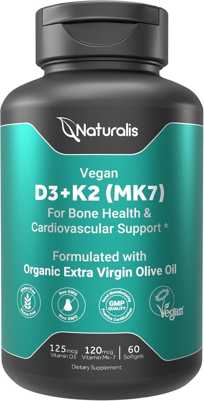 Naturalis Vegan Vitamin D3 + K2 from Algae | 5000iu Vitamin D with 120mcg MK7 Vitamin K | Vegan Society Certified Sustainably Sourced Better Than Animal Derived | 60 Veggie Softgels