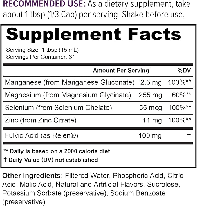 GLDN Magnesium - Liquid Magnesium Glycinate 255mg with fulvic Acid for Improved Absorption Plus Key Electrolytes Selenium Manganese and zinc for Sleep and cortisol Support - 31 Servings
