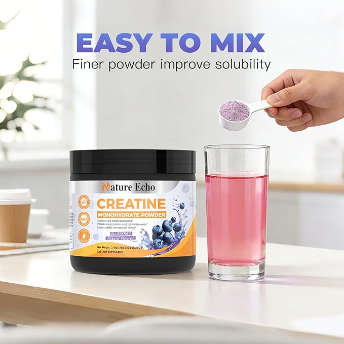 Creatine Monohydrate Powder - Blueberry - 30 Servings - 5g of Creatine Monohydrate - Supports Muscle ATP Production Energy Strength - Vegan Gluten Free