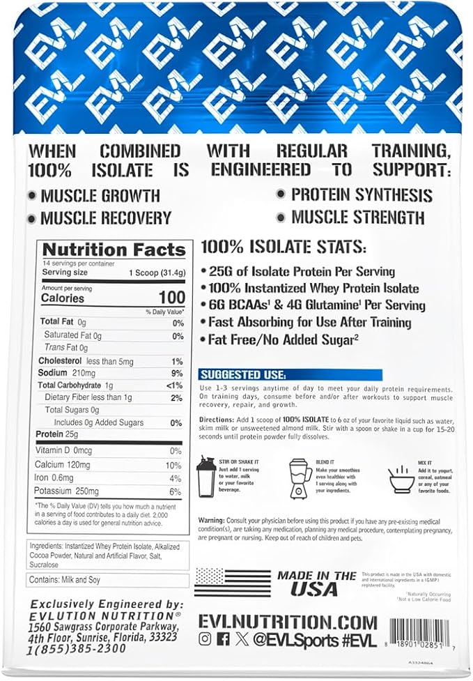 Evlution Nutrition 100% Isolate Whey Isolate Protein Powder 25 G of Fast Absorbing Protein No Sugar Added Low-Carb Gluten-Free (Double Rich Chocolate 1 LB)