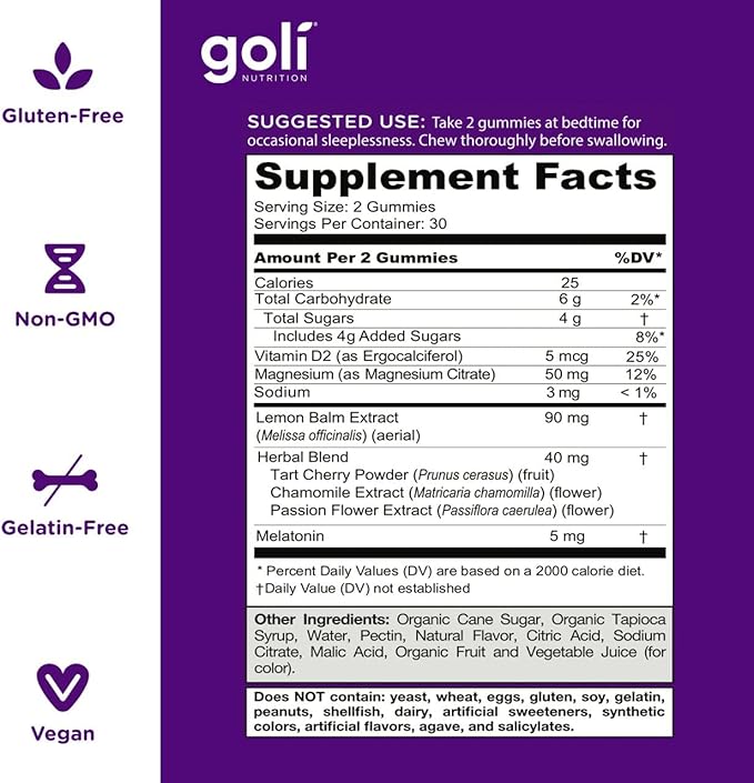 Goli Dreamy Sleep Gummy - 60 Count (Pack of 2) - Melatonin Vitamin D Magnesium and Lemon Balm Extract - Gelatin-Free Gluten-Free Vegan &amp Non-GMO