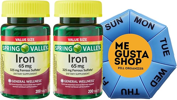 Spring Valley Iron Tablets Dietary Supplement Value Size 65 mg 200 Count (Pack 02) 400 Total Includes Pill Organizer
