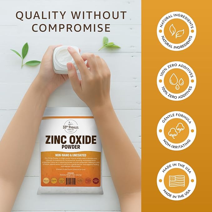 Zinc Oxide Powder USP Grade (2 LBS / 32 OZ) Zinc Dust | Non-Nano &amp Uncoated | Natural UV Protection Soothes Irritation Anti-Bacterial Mineral for Sunscreen Creams Balms &amp DIY Skincare | 2