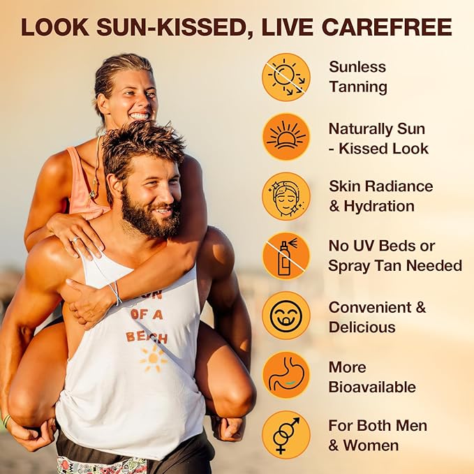 Tanning Gummies with Astaxanthin for Women and Men | Sunless Tanning Supplement with Beta Carotene Lycopene Collagen &amp Vitamins | Skin Radiance &amp Hydration | Vegan &amp Sugar Free - 60 Coun