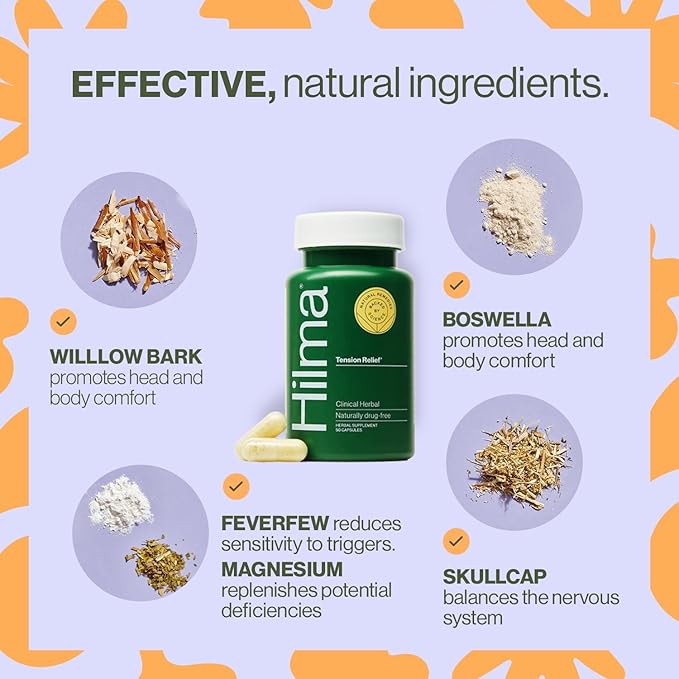 Hilma Natural Tension Headache Relief Supplements with Magnesium Boswellia and Feverfew 50 Vegan Capsules