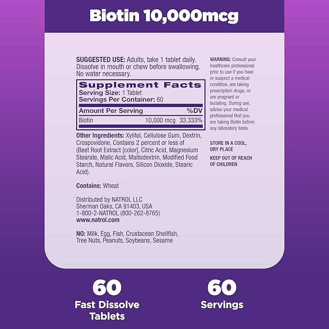 Natrol Beauty Biotin 10000mcg Dietary Supplement for Healthy Hair Skin Nails and Energy Metabolism 60 Strawberry-Flavored Fast Dissolve Tablets 60 Day Supply (Pack of 12)