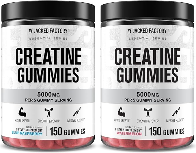 Jacked Factory Creatine Monohydrate Gummies 5g Daily Dose - Creatine Gummy for Men and Women Vegan-Friendly Travel-Friendly Third-Party Tested - 150 Gummies Blue Raspberry &amp Watermelon
