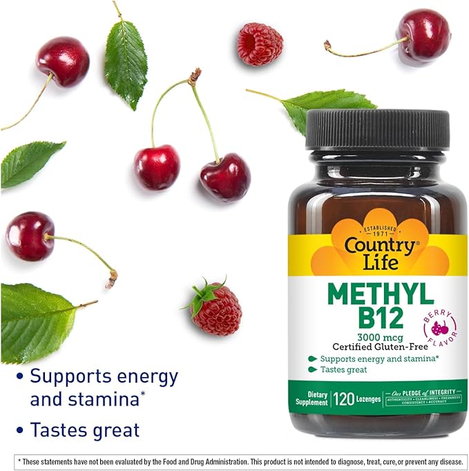Country Life Methyl B12 3000 mcg Lozenges Supports Energy &amp Stamina Metabolism &amp Red Blood Cell Production Berry Flavor 120 Vegan Lozenges Certified Gluten Free &amp Halal