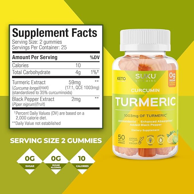 SUKU Turmeric Curcumin Sugar Free Gummies with 1003mg of Turmeric - Black Pepper Protects Liver Improves Digestion Inflammation Response &amp Joint Health – Lemon Lime Flavour (50 Gummies)