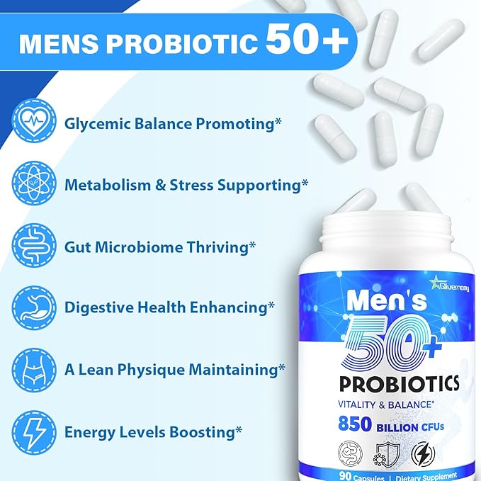 Probiotics for Men Advanced 50+ Mens Probiotic Comprehensive Gut &amp Energy Support with 850 Billion CFU 1800mg Prebiotics Fiber – Tailored Wellness mens probiotics for gut health over 50 180Cap