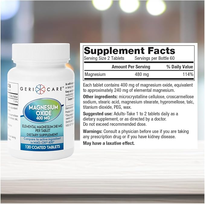GeriCare Magnesium Oxide Supplement 240 mg - Elemental Magnesium 120 Coated Tablets – Essential Mineral Support - Promotes Vascular Health Bone Strength and Muscle Function (Pack of 6)