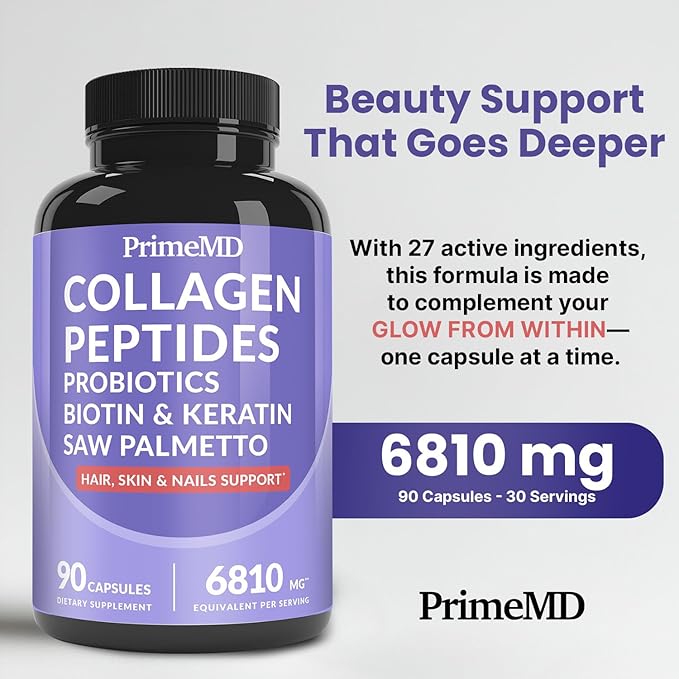 27-in-1 Hair Skin and Nails Vitamins (6810mg) with Biotin 10000mcg - Collagen Supplements for Men and Women - Keratin Supplements with Probiotics and Saw Palmetto 90ct (2-Pack)