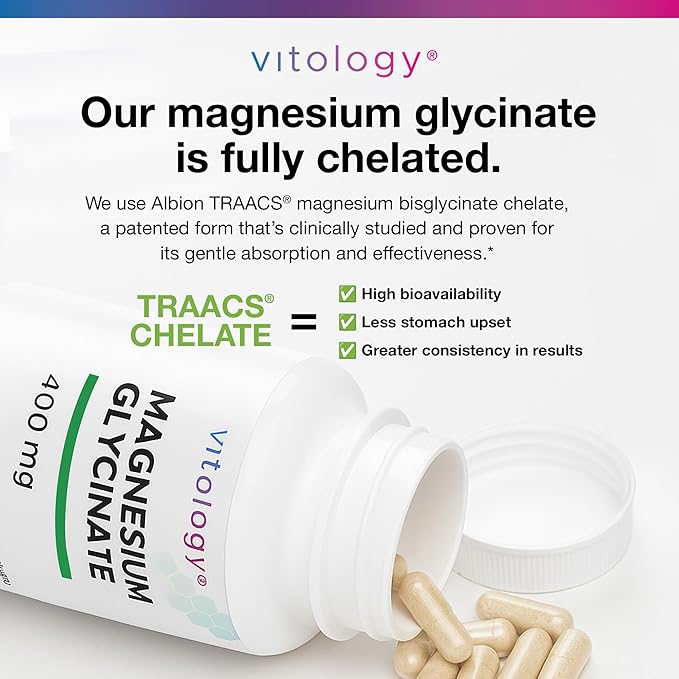 Magnesium Glycinate 400mg | TRAACS® Chelated Form for Calm Sleep Muscle &amp Nerve Support | Gentle on Stomach | 120 Veggie Capsules