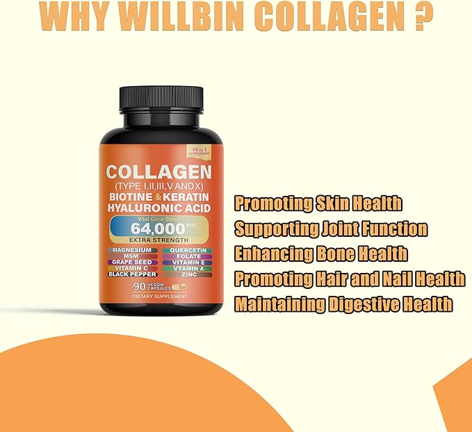 Multi Vital Collagen Peptides Capsules - Types I II III V &amp X Biotin Keratin Hyaluronic Magnesium Zinc Vitamin A C E Grape Seed Extract Quercetin with Folate (2)