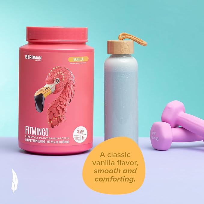 BIRDMAN Fitmingo Vegan Protein Powder with Inositol Collagen Boosters Hyaluronic Acid and Vitamins | Low Carb Dairy Free Lactose Free Low Calorie | 23g Plant Based Vanilla Protein Powder