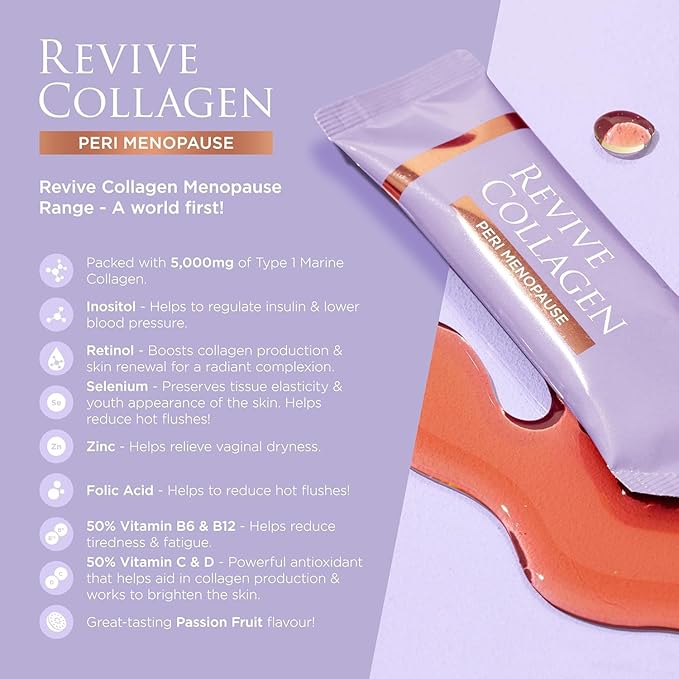 Revive Collagen Perimenopause — Hydrolyzed Marine Collagen Drink for Women 5000MG Inositol Selenium Vitamin B6-B12 C &amp D Supports Skin Wellness &amp Daily Energy Passionfruit Flavour — 14