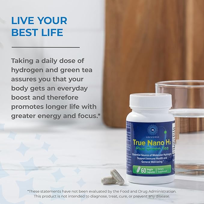True Nano H2 with Green Tea by H2 Universe | Molecular Hydrogen with Active Hydrogen Nanobubbles Boosts Energy Powerful Antioxidant| 60 Capsules