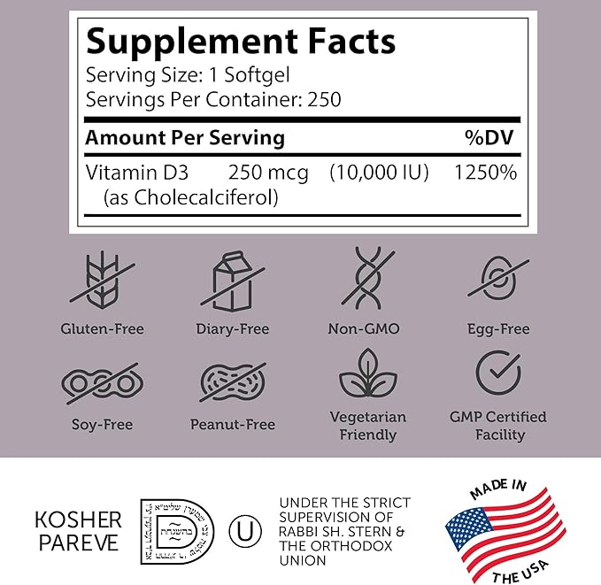 Zahler - Advanced Vitamin D3 10000 IU Softgels (250 Count) Kosher Vegetarian Friendly Vitamin D for Immune Support Bone Teeth &amp Muscle Health - Easy Swallow VIT D 3
