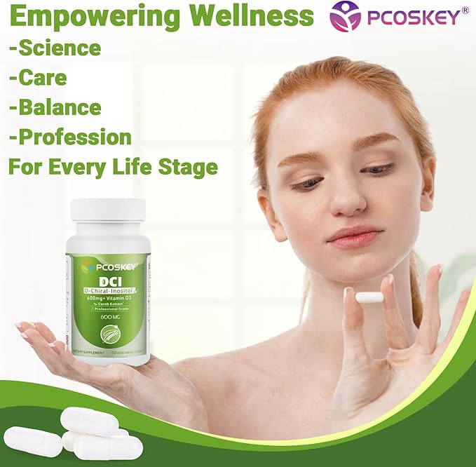 pcoskey® D-Chiral-Inositol with Vitamin D3 – 600mg DCI + 400 IU Vitamin D3 – Hormonal Balance &amp Ovary Support – 60 Vegetarian Capsules