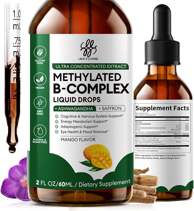 iMATCHME Methylated B Complex Liquid Drops - Max Absorption L-Methylfolate (L-5-MTHF) Vitamin B12 Methylcobalamin B6 - with Ashwagandha &amp Saffron for Energy Focus &amp Brain Health - Vegan 2