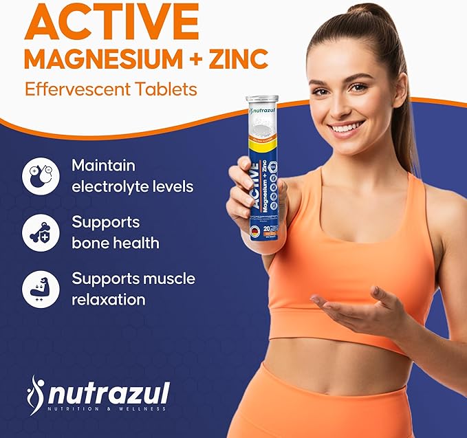 Nutrazul Active Magnesium &amp Zinc Effervescent Tablets Helps Maintain Muscle Function &amp Electrolyte Balance 300mg Magnesium Supplement 10mg Zinc Orange Flavor 60 Tablets