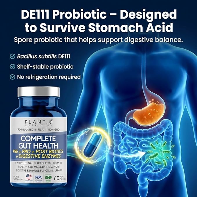 4-in-1 Gut Health Support – Prebiotics + Probiotics + Postbiotics + Digestive Enzymes – DE111 Spore Probiotic for Digestive Support &amp Bloating – Non-GMO Made in USA – 60 Veggie Capsules