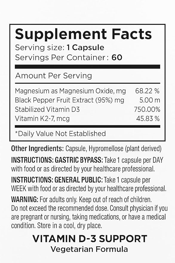 Vita4Life!® Vitamin D3 with K2 &amp Magnesium | High Absorption Immune &amp Bone Support | Non-GMO Vegetarian | 60 Capsules | Post Bariatric Friendly Supplement