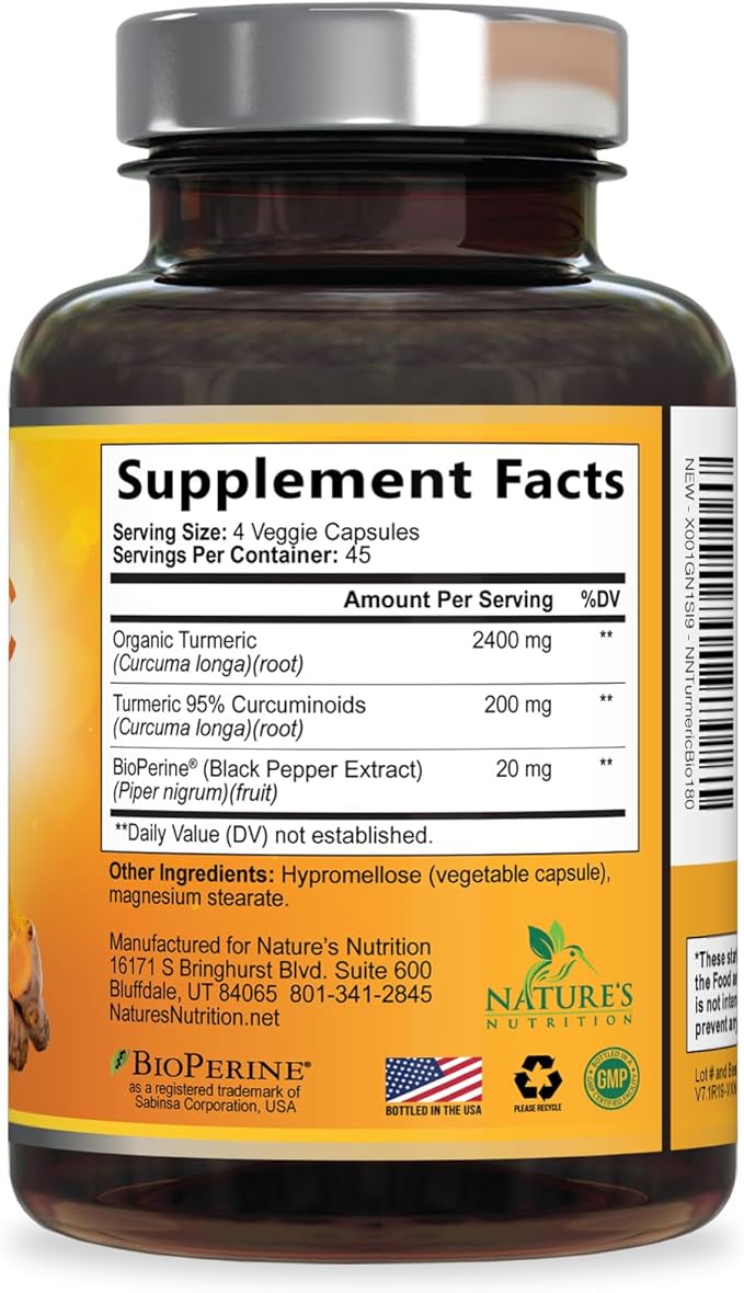 Turmeric Curcumin Supplement - 2400mg Organic Turmeric Per Serving - 95% Curcuminoids &amp BioPerine Black Pepper Extract for Best Absorption - Natural Vegan Joint Support Bottled in USA - 180 Capsu