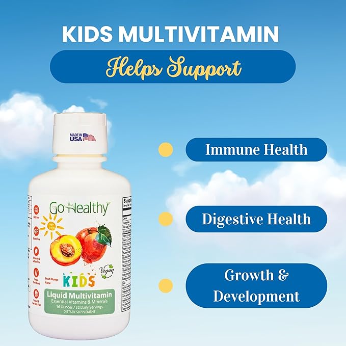 Go Healthy Liquid Multivitamin for Kids 2 Pack Bundle 1 Raspberry Bottle and 1 Peach Mango Bottle