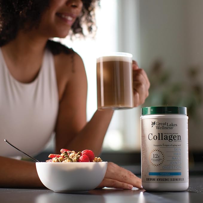 Great Lakes Wellness Collagen Peptides Powder for Skin Hair Nails Joints &amp Digestion - Vanilla Flavored - Quick Dissolve Hydrolyzed Non-GMO Kosher - 10 oz