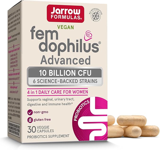 Jarrow Formulas Fem-Dophilus Advanced Vaginal &amp Digestive Probiotics 10 Billion CFU with 6 Science Backed Strains for Vaginal Urinary Tract Digestive &amp Immune Support 30 Capsules Shelf-St