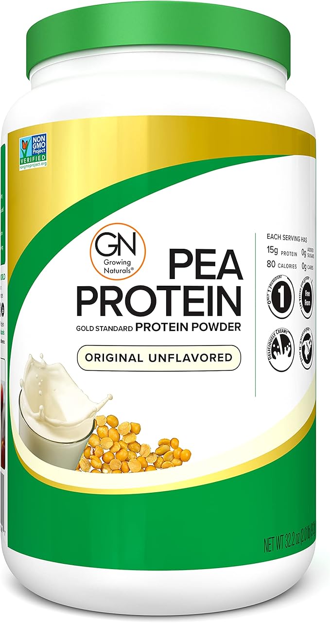 Growing Naturals Raw Pea Protein Powder Vegan Plant Based Protein BCAA Low-Carb Low-Sugar Original Unflavored 2 Pound (Pack of 1)