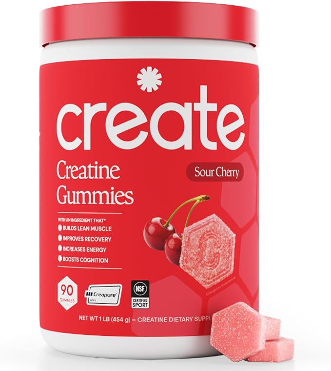 Create Creatine Monohydrate Gummies for Men &amp Women Boost Focus Strength and Endurance Anti-Melting Formula Vegan Gluten-Free Non-GMO 1.5g of Creatine per Gummy (Sour Cherry)