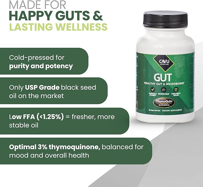Gut Health Supplements for Healthy Digestion &amp Gut Repair | Advanced Formula with Bioavailable Black Seed Oil with 3% Thymoquinone | Gut Health Supplements for Women &amp Men | 60 Softgel