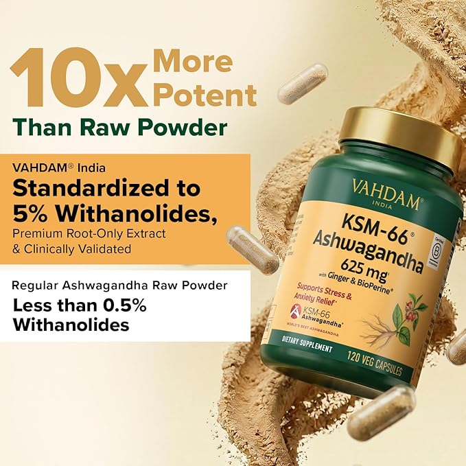 VAHDAM KSM -66 Ashwagandha 625 mg with Ginger &amp Piperine Support Stress Relief (120 Capsules)