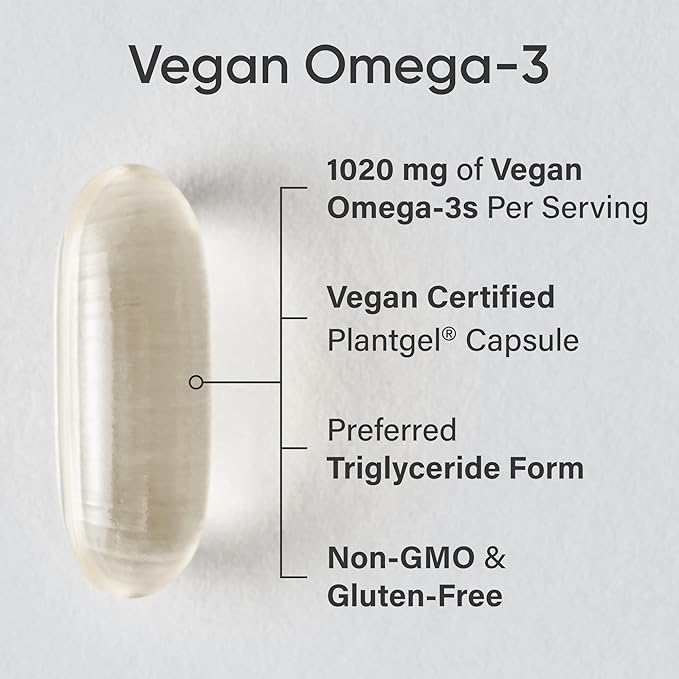 Sports Research Vegan Omega-3 Fish Oil Alternative from Algae Oil - Highest Levels of Vegan DHA &amp EPA Fatty Acids | Non-GMO Tested &amp Vegan Certified - 60 Veggie Softgels (Carrageenan Free)