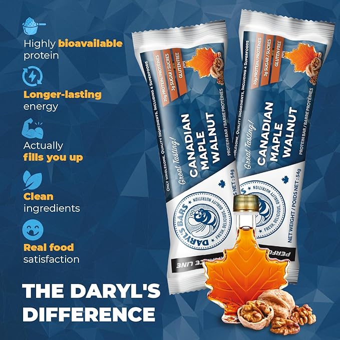 Daryl's Bars Canadian Maple Walnut On the Go Whey Protein Bars Gluten Free 20gr of Protein Snack Meal Replacement Pack of 1