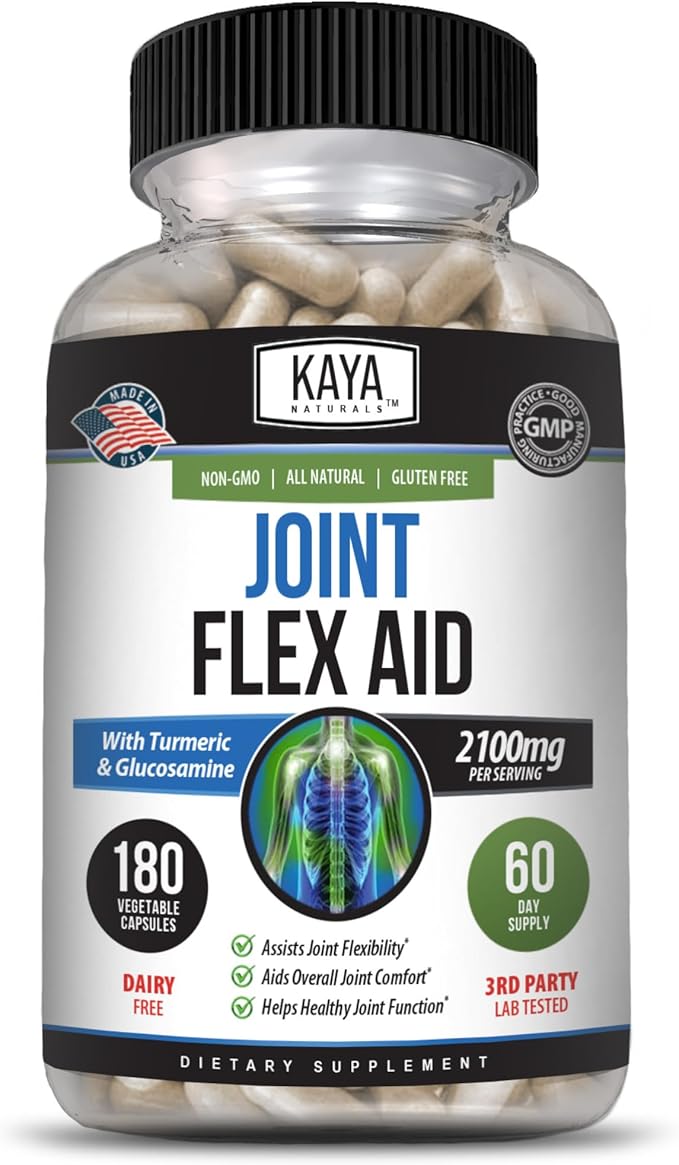 Kaya Naturals Flex Aid - Mobility Support Supplement for Men and Women - Turmeric Capsules with Glucosamine Sulfate Boswellia Serrata and MSM - for Knee Support and Mobility Health - 180 Count