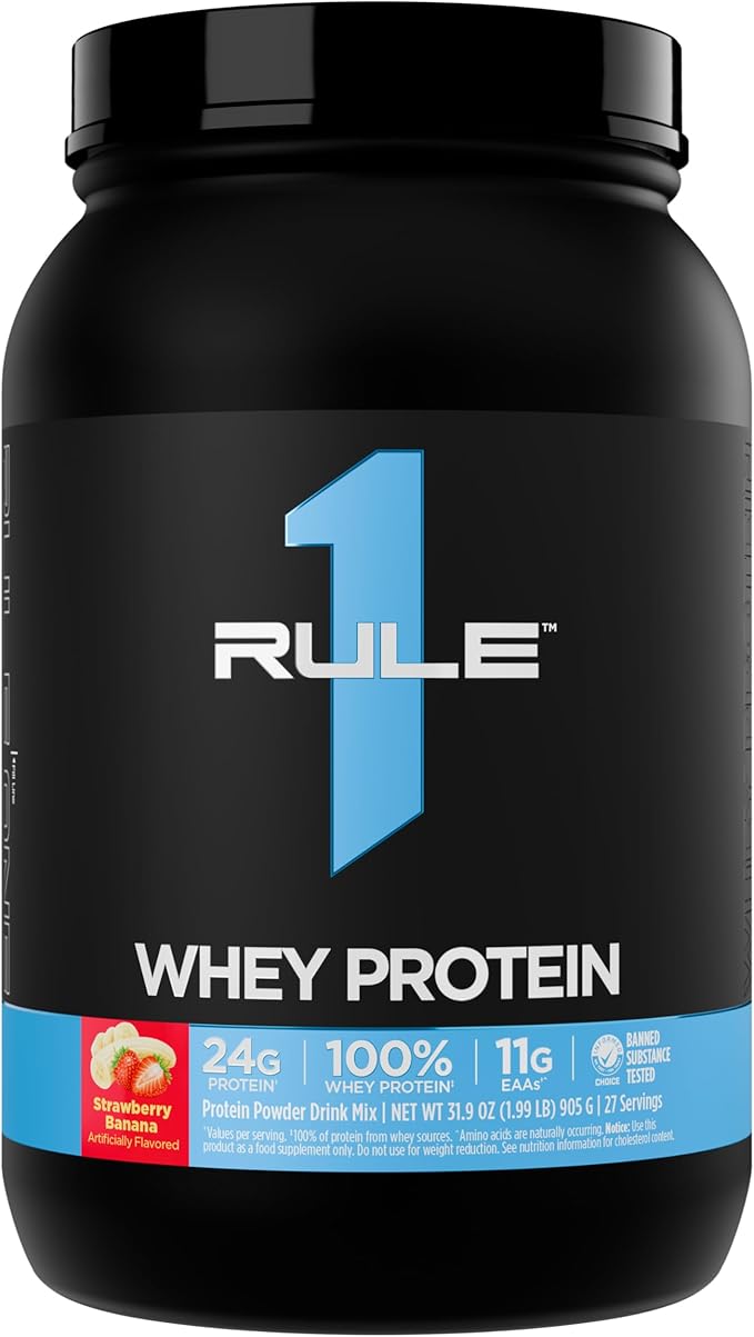 Rule 1 Whey Protein – 24g Fast-Acting Protein from All-Whey Sources with Naturally Occurring EAAs &amp BCAAs for Workout Recovery or Anytime Use (2 Pounds* Strawberry Banana)